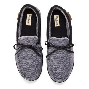 Dearfoams Men's Size Large 11-12 Black and Gray Herringbone Loafer Slippers NWT